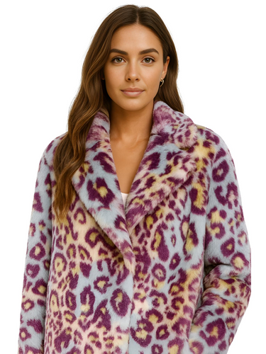 Woman wearing a faux fur leopard print coat on a white background